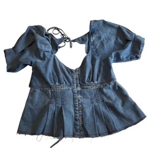 Pilcro Short Sleeve‎ Flouncy Denim Babydoll Top Anthropologie Cotton Puff Sleeve